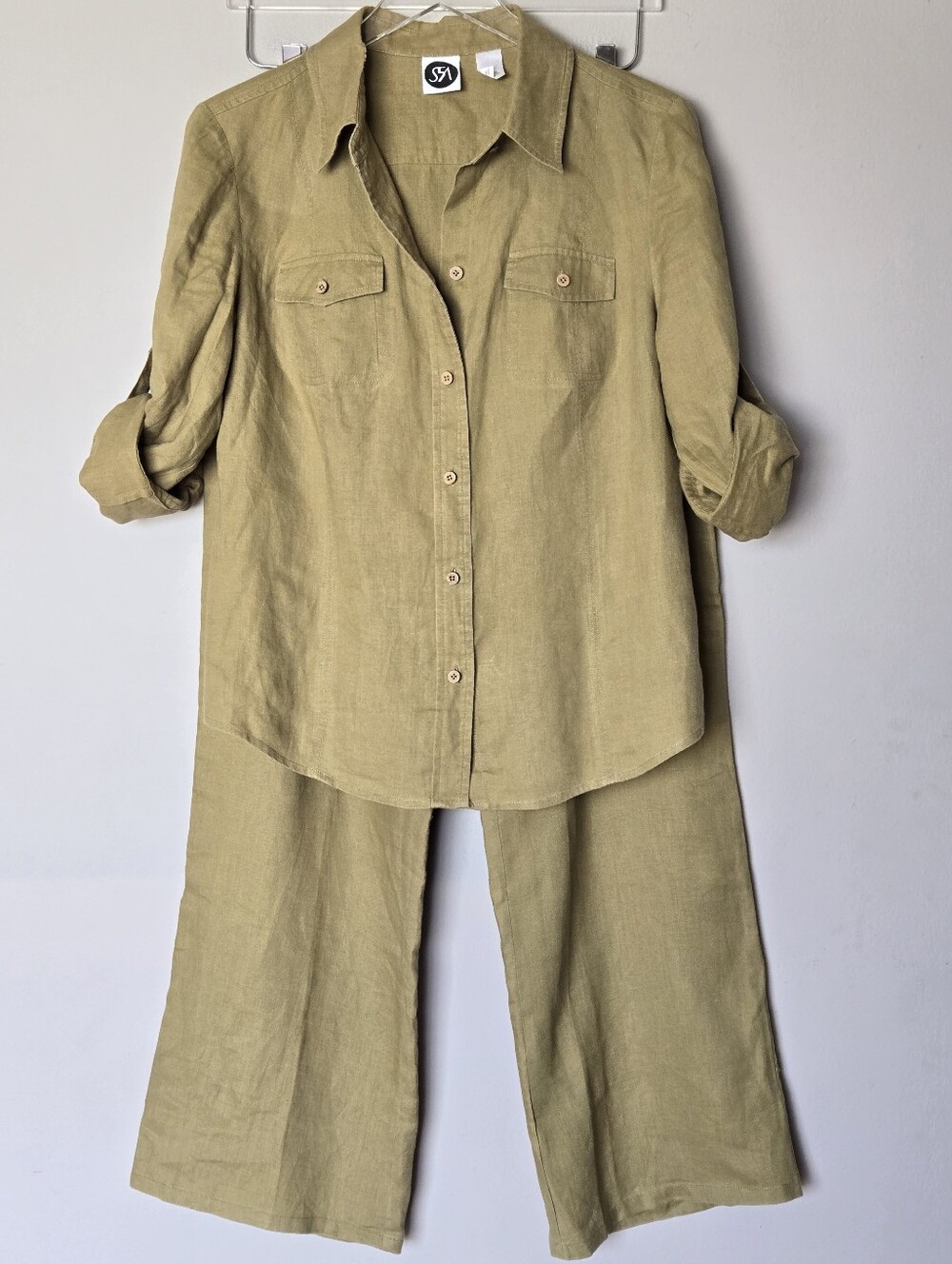 Saks Fifth Avenue Women's Olive Linen Button-Up Shirt & Wide-Leg Pants Set M - Picture 12 of 13